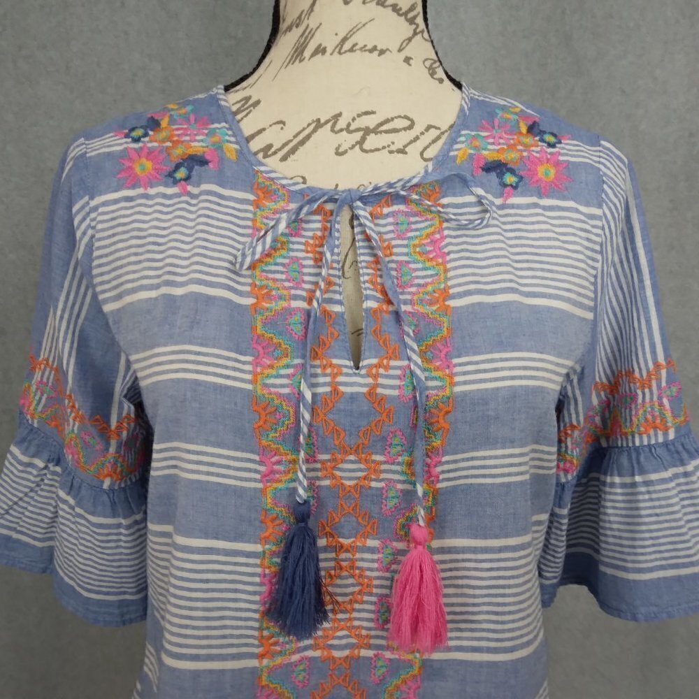 THML | Embroidered Striped Boho Cotton Top Blue White | Size M - Picture 2 of 10